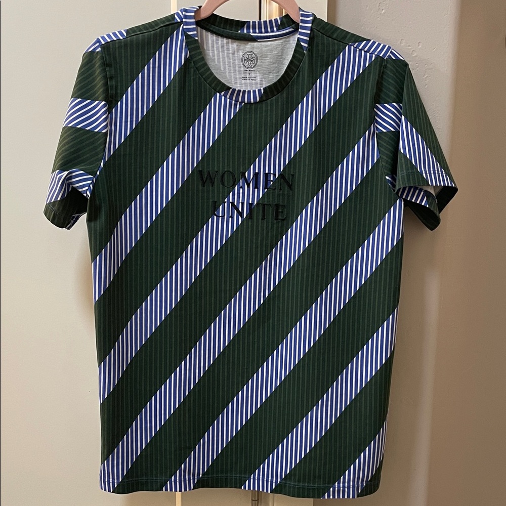 Tory Burch Green and Blue Striped Short Sleeve Tee